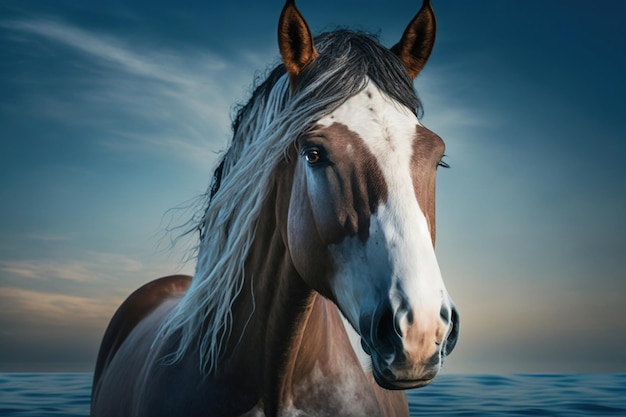 Ritratto di un cavallo su uno sfondo blu del mare