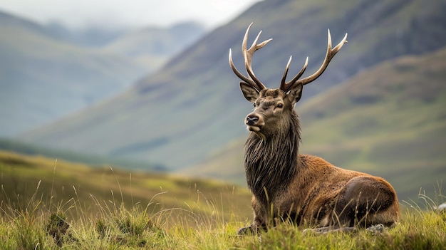 Ritratto di un cervo scozzese libero e selvaggio catturato nelle Highlands Generative Ai