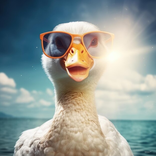 Ritratto di un cigno bianco con occhiali da sole sullo sfondo del mare
