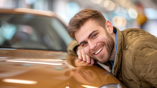 Ritratto di un cliente felice e sorridente che abbraccia e accarezza il cofano dell'auto dopo aver acquistato nel concessionario cl