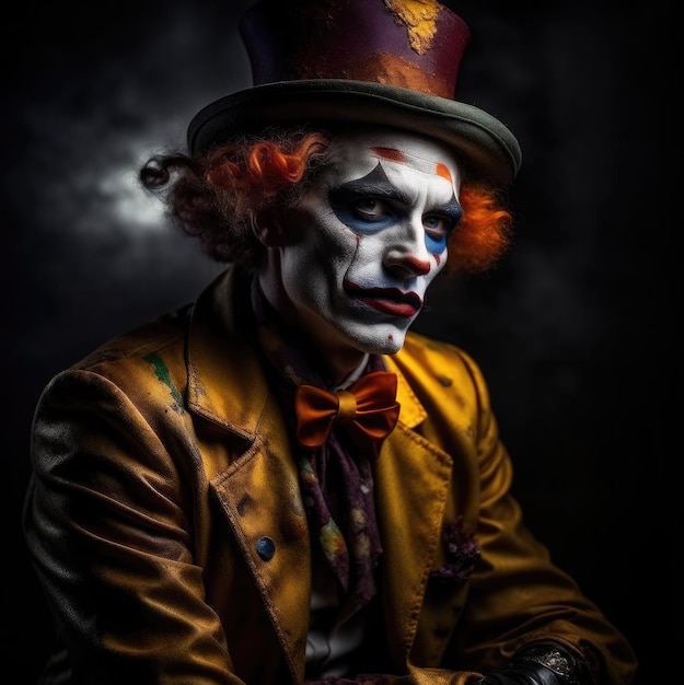 Ritratto di un clown spaventoso su uno sfondo scuro