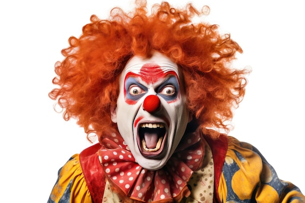 Ritratto di un clown urlante isolato su sfondo bianco Ai generativa