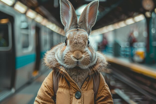 Ritratto di un coniglietto di Pasqua in una stazione ferroviaria AI generativa
