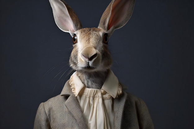 Ritratto di un coniglio con un cappotto su uno sfondo scuro