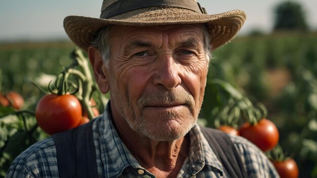 Ritratto di un contadino in una piantagione di pomodori