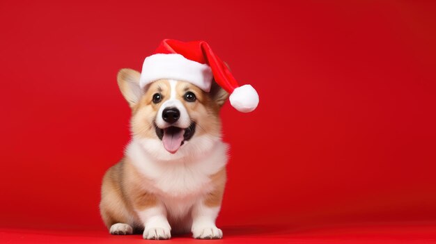 Ritratto di un corgi con un cappello rosso di Natale su uno sfondo rosso nello studio Creative Il concetto di Natale e festività