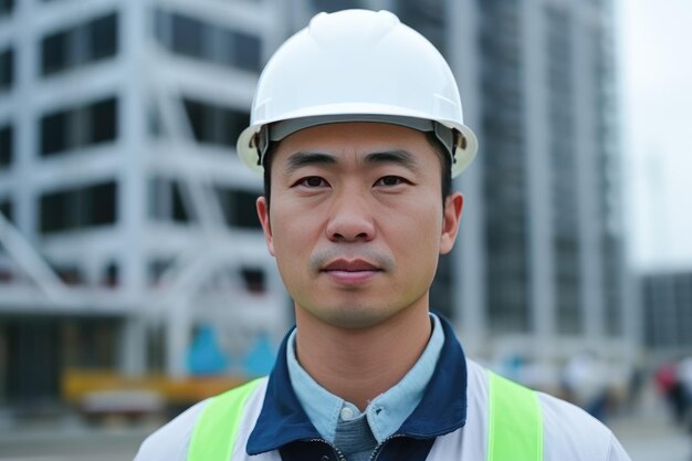 Ritratto di un costruttore di aspetto asiatico in un casco protettivo bianco sullo sfondo di una casa in costruzione Banner con posto per il testo IA generativa