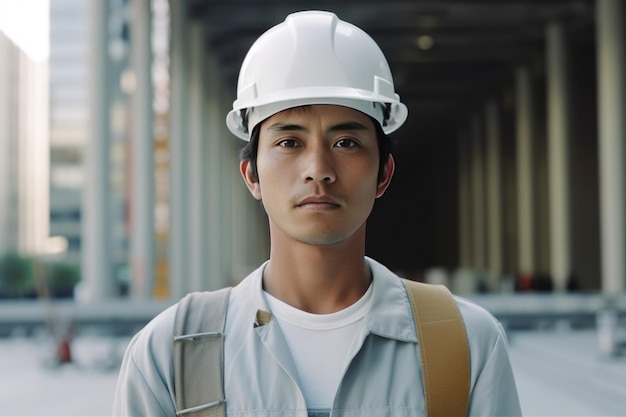 Ritratto di un costruttore di aspetto asiatico in uniforme e casco protettivo bianco sullo sfondo di una casa in costruzione IA generativa