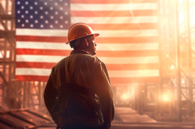 Ritratto di un costruttore in piedi contro lo sfondo della bandiera degli Stati Uniti alla celebrazione della Festa del Lavoro Uomo lavoratore in uniforme e casco di costruzione di sicurezza generato da AI