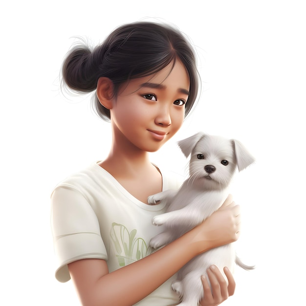 Ritratto di un cucciolo asiatico sveglio della tenuta della ragazza su fondo bianco