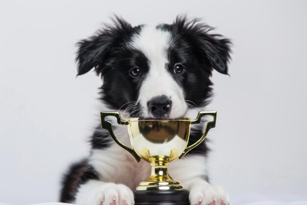 Ritratto di un cucciolo di border collie con un trofeo dorato su sfondo bianco