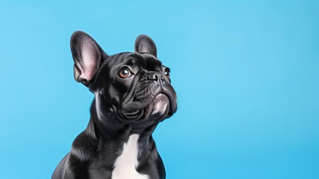 Ritratto di un cucciolo di bulldog francese sorridente su sfondo blu con spazio di copia ai