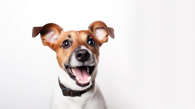 Ritratto di un cucciolo di cane Jack Russell sorridente su uno sfondo bianco con spazio di copia ai
