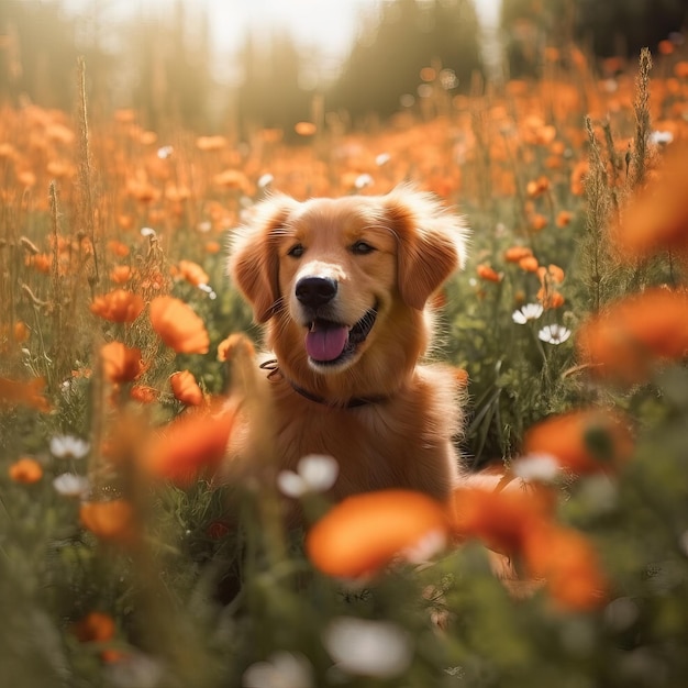 Ritratto di un cucciolo felice dai capelli rossi di Golden Retriever in un campo di papaveri con messa a fuoco selettiva