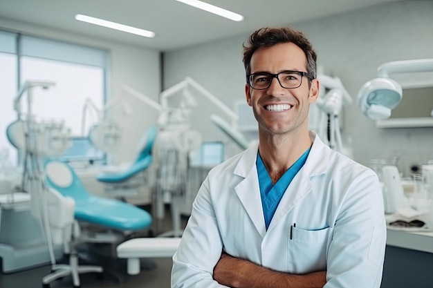 Ritratto di un dentista con un bel sorriso creato con la tecnologia Generative AI