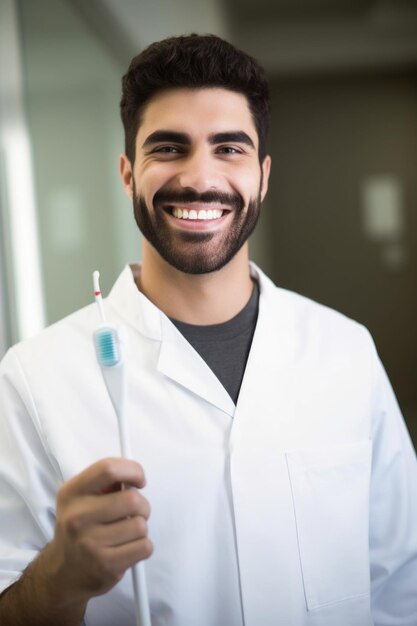 Ritratto di un dentista sorridente che tiene in mano uno spazzolino da denti creato con l'IA generativa