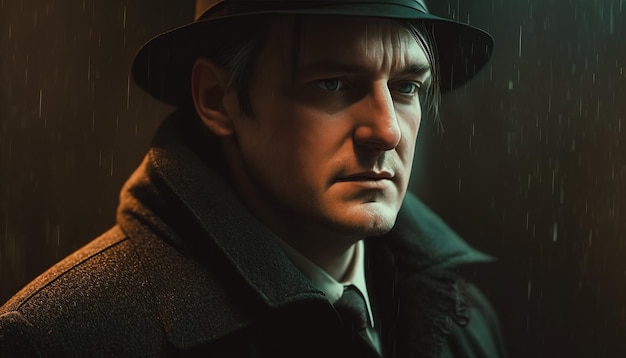 Ritratto di un detective maschio con cappello e impermeabile sotto la pioggia per strada di notte