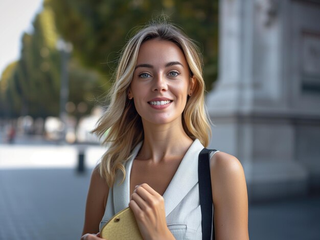 Ritratto di un dirigente cittadino sorridente con i capelli biondi che si gode la vita cittadina