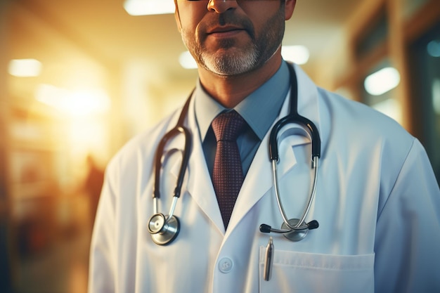 Ritratto di un dottore maschio maturo in camice medico bianco con uno stetoscopio intorno al collo Clinici caucasico di mezza età sullo sfondo di una struttura medica Terapeuta esperto in un ospedale