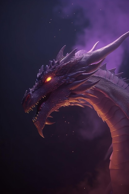 Ritratto di un drago epico in una nebbia viola brillante con occhi luminosi