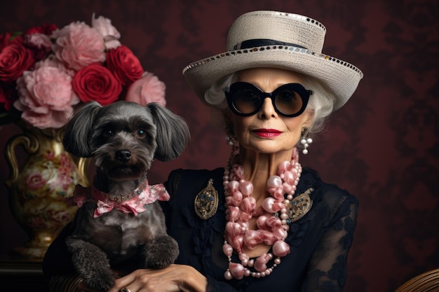 Ritratto di un'elegante signora anziana con gli occhiali e il suo barboncino AI generativa