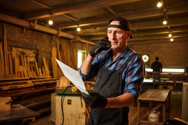 Ritratto di un falegname anziano che guarda i piani dei progetti e parla al telefono con un cliente nell'officina di falegnameria