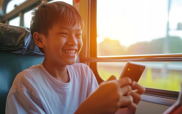 Ritratto di un felice giovane universitario asiatico che chiacchiera al telefono in autobus vicino alla finestra con un grande spazio di copia AI generativa