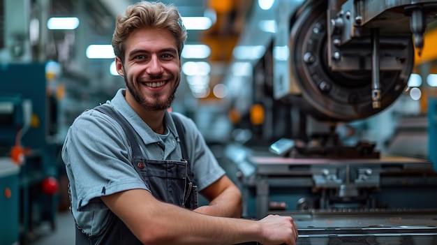 Ritratto di un felice ingegnere meccanico in servizio con un grande spazio di copia Generativa AI