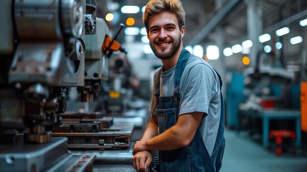 Ritratto di un felice ingegnere meccanico in servizio con un grande spazio di copia Generativa AI