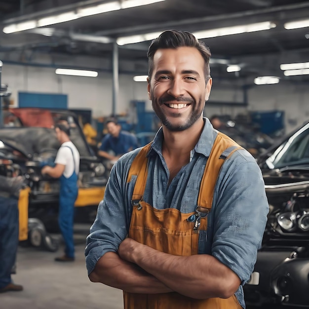 Ritratto di un felice riparatore automobilistico che guarda la telecamera mentre i suoi clienti sono in piedi sul retro