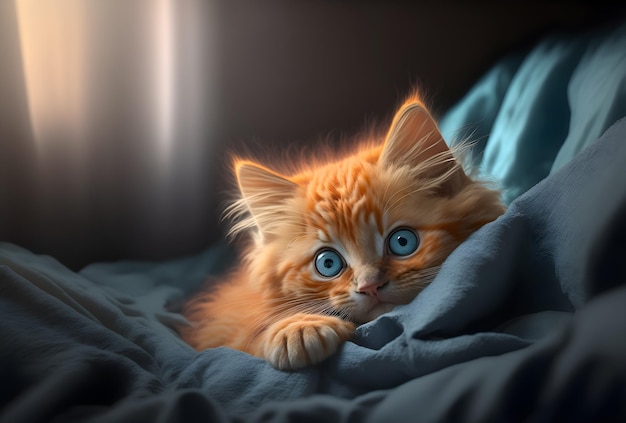 Ritratto di un gattino arancione super carino sdraiato sul divano con grandi occhi azzurri innocenti