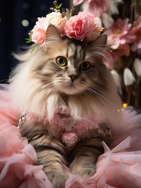 Ritratto di un gatto affascinante costume di fata pirata dell'Himalaya corona floreale moda design costume arte