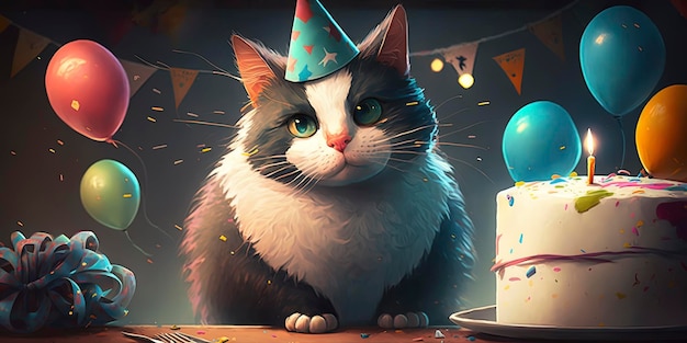 Ritratto di un gatto alla sua festa di compleanno con cappello da festa e ha una torta selvaggia con candele che indossa un cappello da festa palloncini e coriandoli