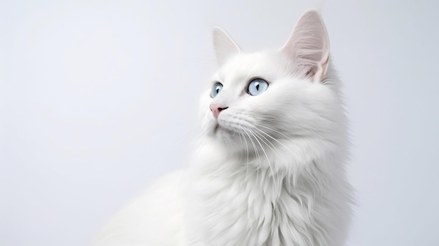 Ritratto di un gatto bianco con occhi azzurri su sfondo bianco IA generativa
