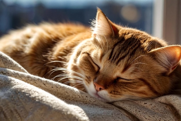 Ritratto di un gatto carino che dorme alla luce del sole su una coperta Closeup di un viso di gatto addormentato