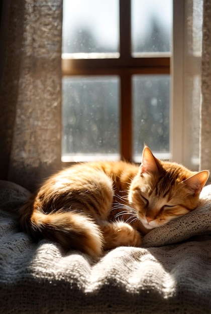 Ritratto di un gatto carino che dorme alla luce del sole su una coperta Closeup di un viso di gatto addormentato