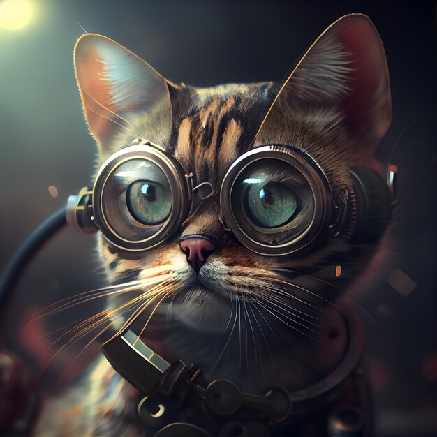 Ritratto di un gatto con gli occhiali in stile steampunk