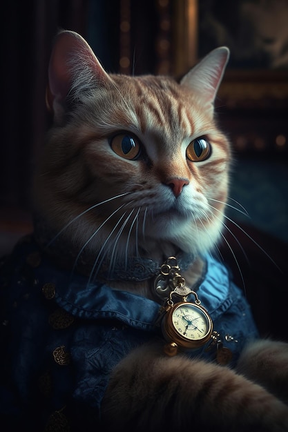 Ritratto di un gatto con un orologio tascabile vestito con un abito vittoriano blu Tecnologia AI generativa