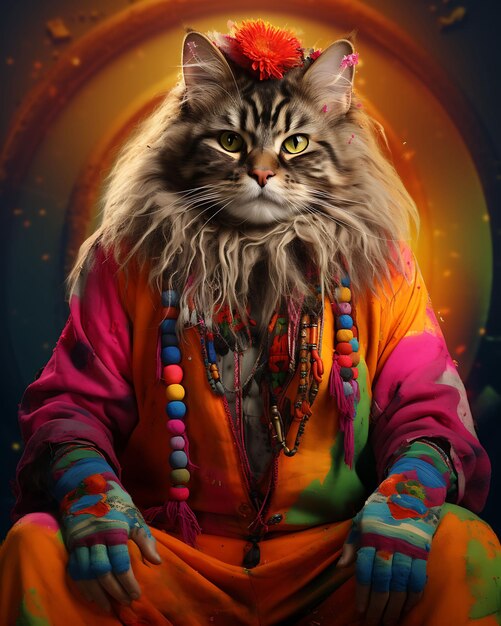 Ritratto di un gatto Maine Coon che indossa una tradizionale Kurta indiana per il costume festivo di Holi R Pet