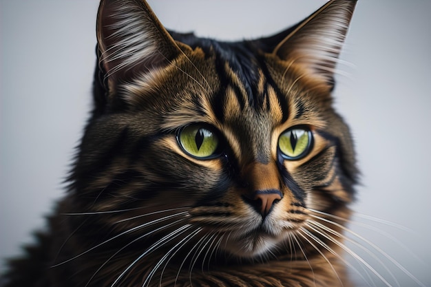 Ritratto di un gatto Maine Coon con gli occhi verdi su uno sfondo grigio