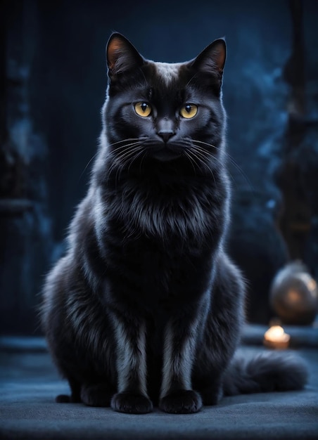 Ritratto di un gatto nero con gli occhi gialli su uno sfondo scuro ai generativo