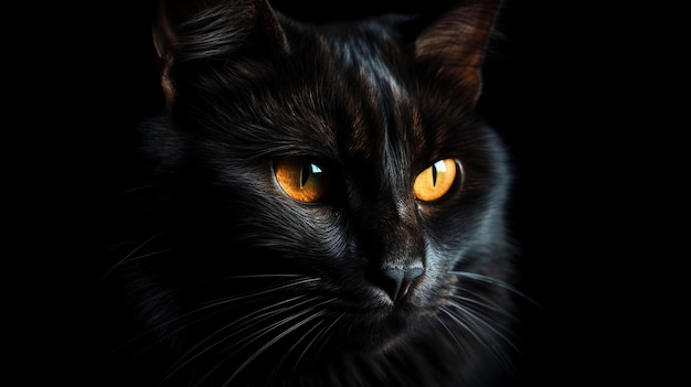 Ritratto di un gatto nero con occhi gialli su sfondo nero ai generativo
