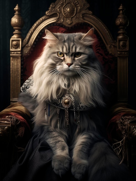 Ritratto di un gatto persiano dai capelli lunghi seduto in una poltrona