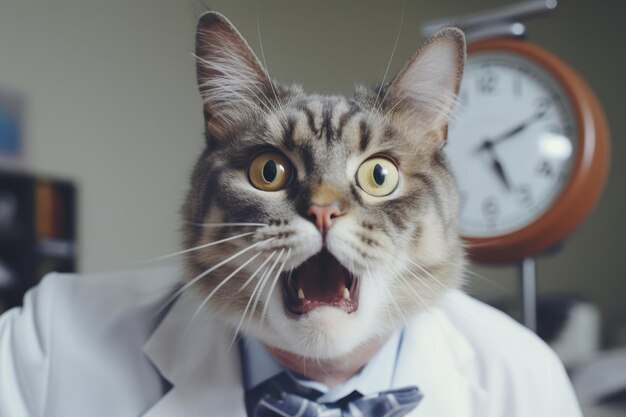 Ritratto di un gatto scioccato e sorpreso in una clinica veterinaria che indossa un'uniforme medica bianca