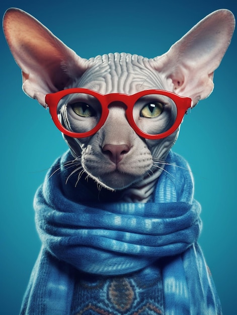Ritratto di un gatto sphynx che indossa sciarpa e occhiali da sole su sfondo blu