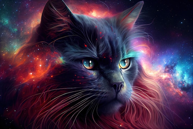 Ritratto di un gatto sullo sfondo dello spazio e delle stelle doppia esposizione3d illustrazione IA generativa