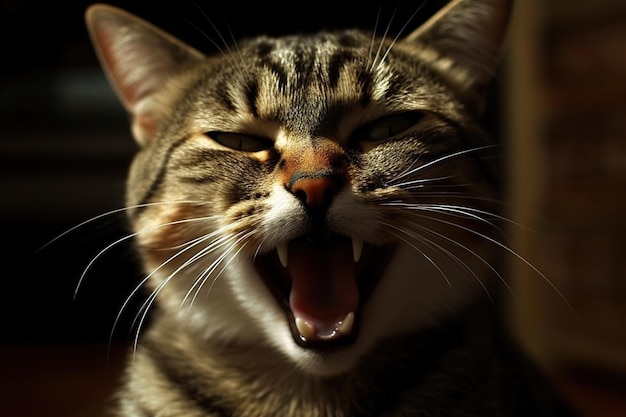 Ritratto di un gatto urlante Gatto sorpreso con la bocca aperta che miagola e chiede qualcosa IA generata