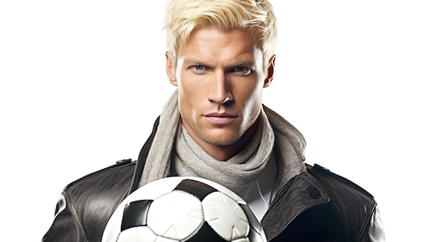 Ritratto di un giocatore di calcio handosme su sfondo bianco