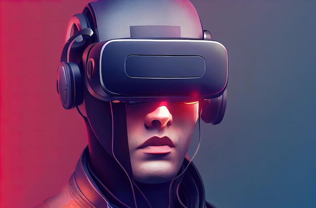Ritratto di un giocatore futuristico con occhiali vr Un uomo hightech dal futuro Il concetto di realtà virtuale