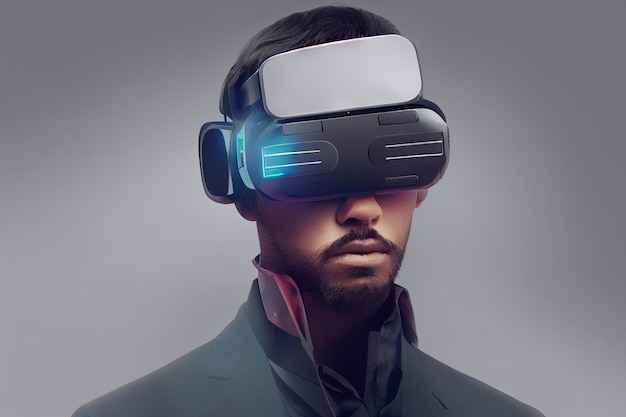 Ritratto di un giocatore futuristico con occhiali vr Un uomo hightech del futuro Il concetto di realtà virtuale 3D Illistration
